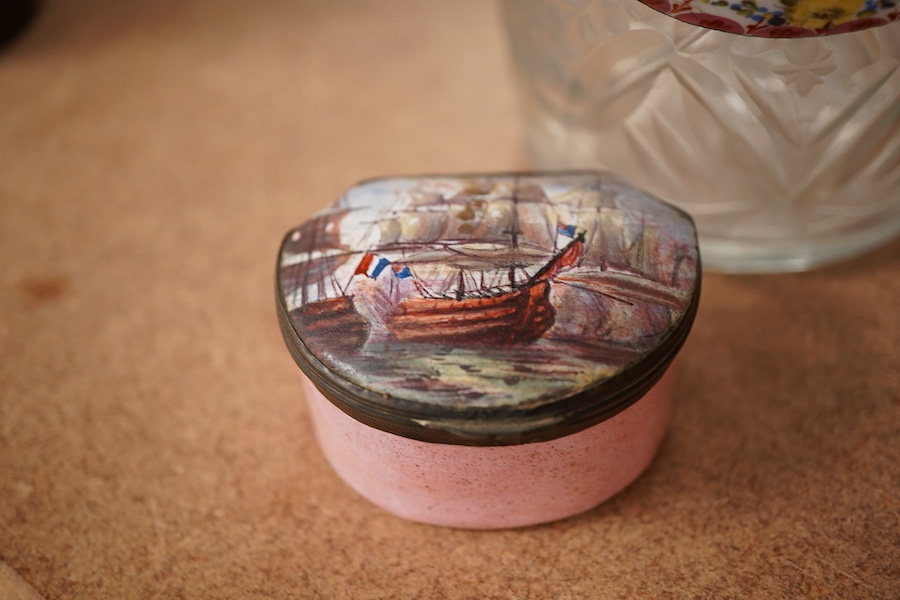 A late 18th century Bilston enamel box and engraved decanter - 24cm high